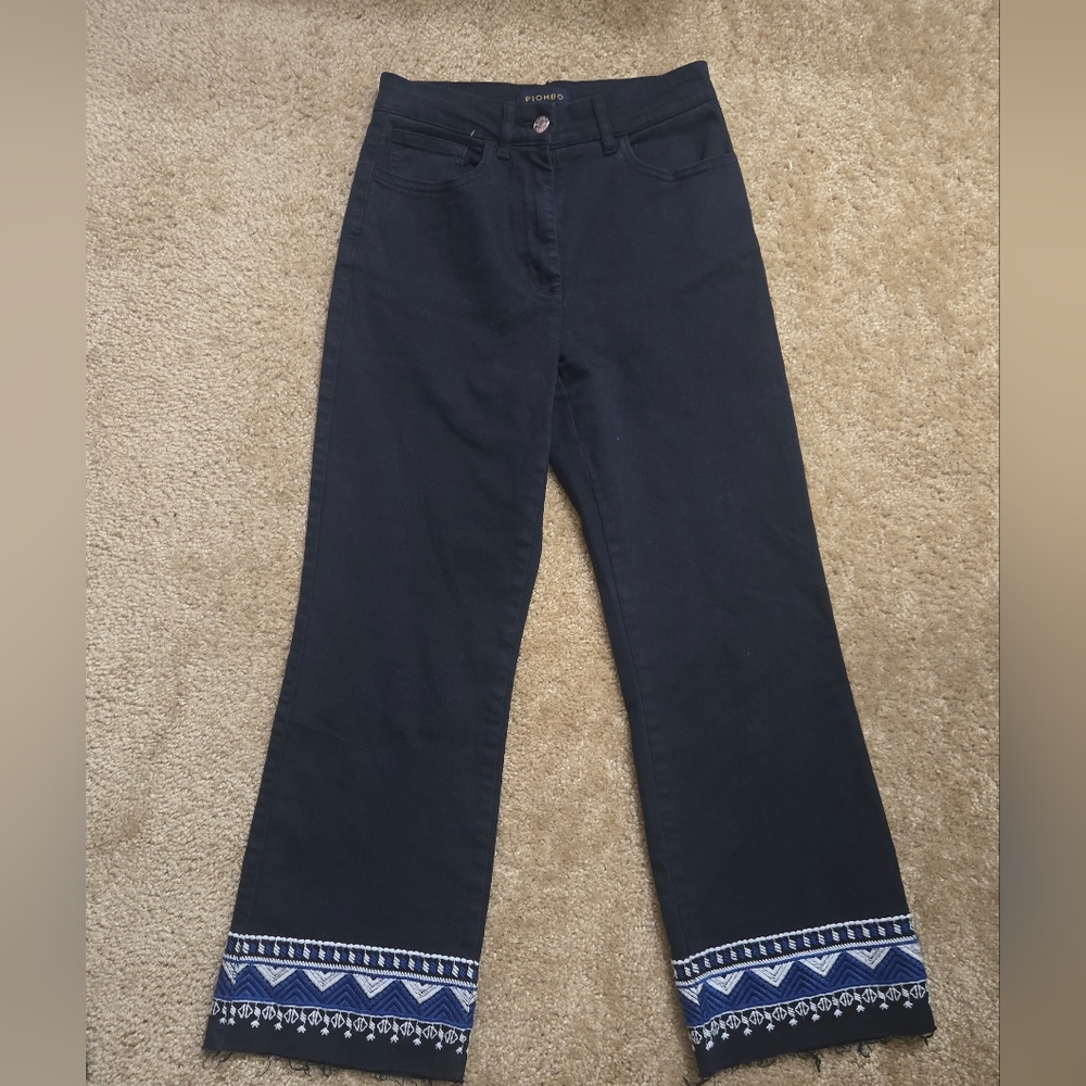Piombo Women's Dark Blue Flare Jeans with White Patterned Hem